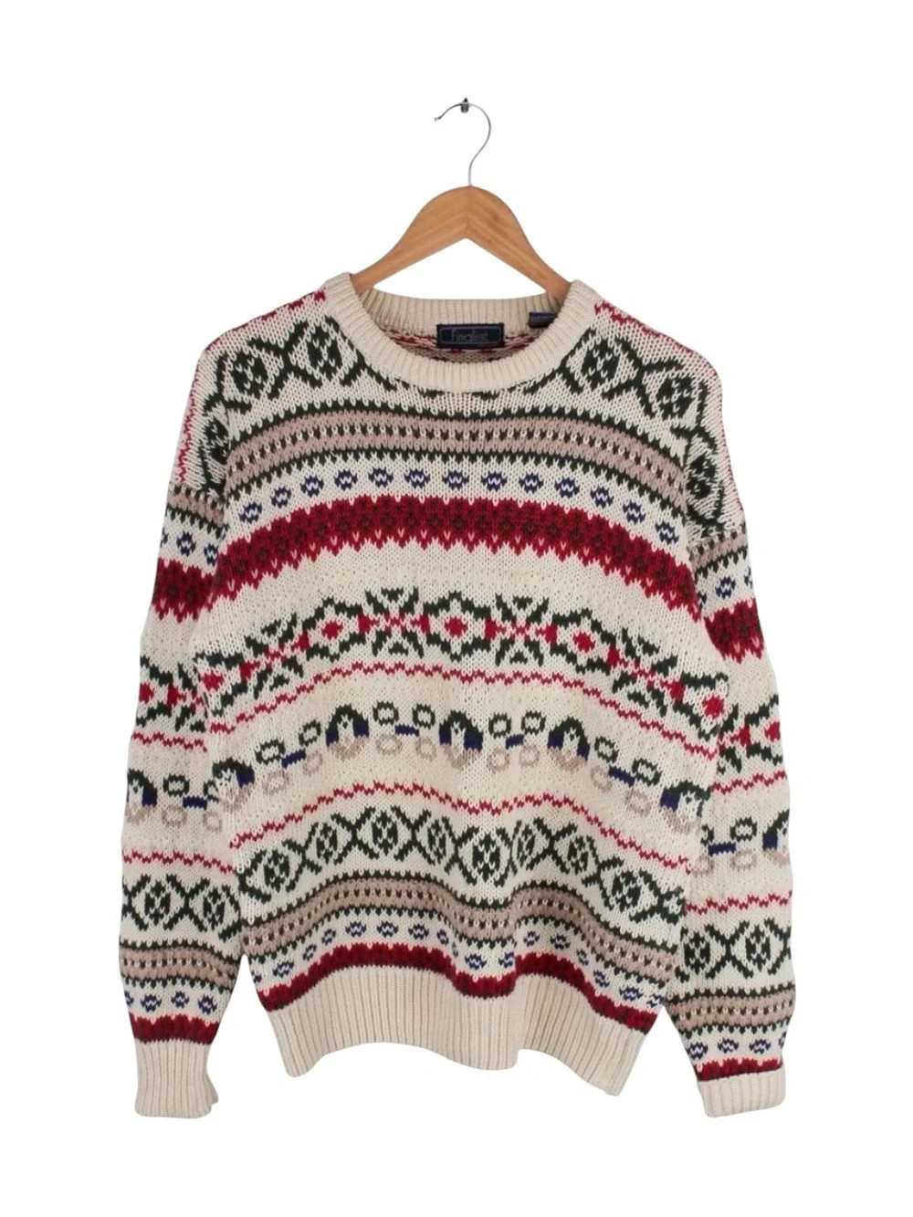 Vintage‎ Nordic Fair Isle Knit Sweater Cream Red Green Men's Size Medium